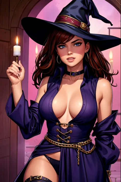 lesbian witch, chain belt, holding candle, ginger hair