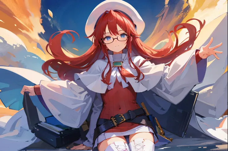 summonnightaty, aty, (young:1.3),long hair, blue eyes, red hair, big_berets, hat, glasses,
BREAK long hair, thighhighs, hat, dress, naked_legs, glasses, belt, cape, sweater, zettai ryouiki, beret, thigh boots, white footwear, ribbed sweater, loose belt,sol...