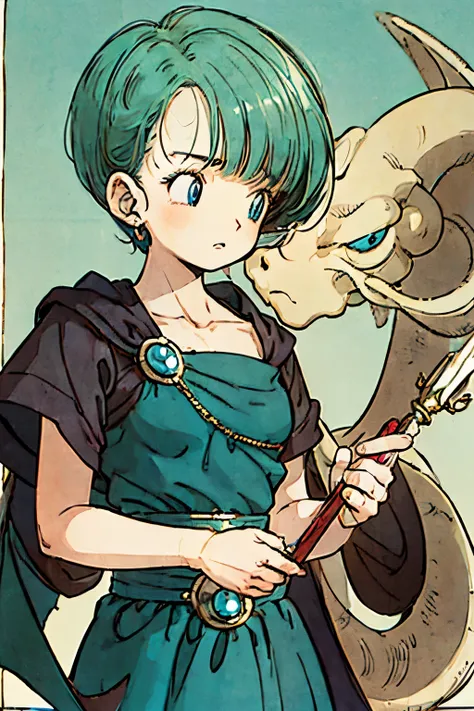 ((One woman:1.5)), high quality, ((gentle expression: 1.5)), short hair, straight bangs, light blue eyes,, upper body visible, Dragon Quest Wizard, no background, wand