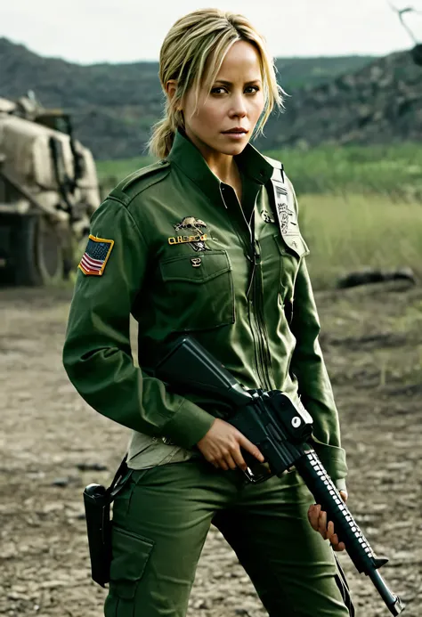 Foto hiperrealista en primer plano de 20 years old Maria Bello,, masterpiece, best quality, (photorealistic:1.4), full body, green army jacket, green uniform blouse, green tactical pants,  Depict a rural landscape in the rugged style of the games concept a...