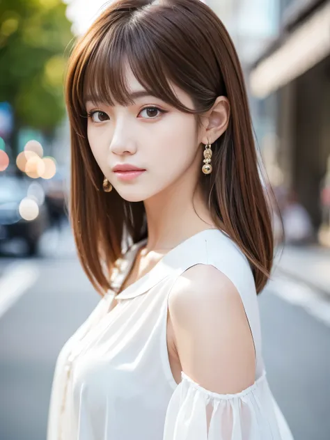Ultra High Definition, Superior Quality, Premier Quality, ultra detailed, Photorealistic, 8k, RAW Photos, highest quality, masterpiece, Attractive girl, Stunning girl, Brown Hair, Shoulder Length Layered, asymmetrical bangs, K-pop Idol, Sophisticated, Styl...