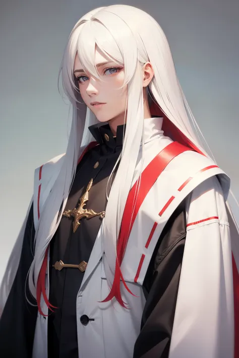 a man with long white hair with red tips