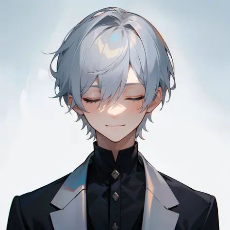 1 boy、highest quality, tabletop, beautiful face、suit、silver hair、intelligent、short hair、whole body、(close your eyes) evil smilin...