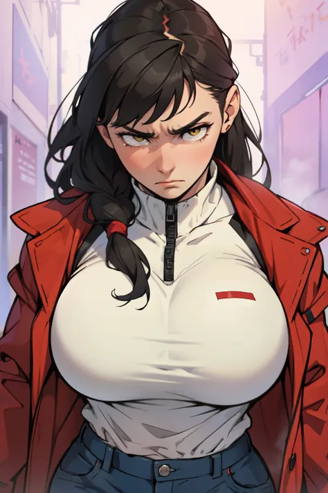 muscular woman massive breasts (disappointed disappointed disappointed disappointed) pale skin black hair yellow eyes solo