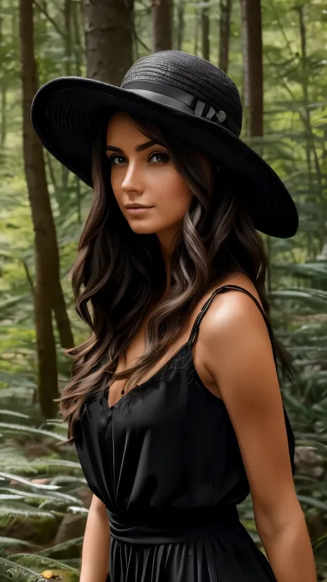 femme brune avec un chapeau noir et une tenu en djin avec un décollé dans la nature