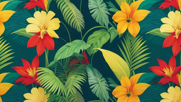 "Vector design with a tropical nature theme. Illustrate lush foliage, bright-colored flowers, and exotic birds. Use a vibrant color palette of greens, yellows, and reds. The design should be simple yet eye-catching, with clean lines and clear shapes, suita...