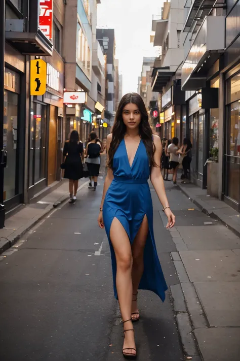 A beautiful young girl wearing high slit revealing dress in the city streets