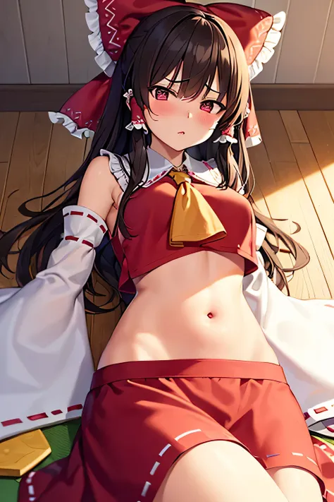 super fine illustration, vibrant colors, masterpiece, sharp focus, best quality, depth of field, cinematic lighting, ultra detailed, blush, annoyed, pursed lips, belly button, tummy, shrine maiden, hakurei reimu, 1girl, hair bow, ascot, hair tubes, detache...