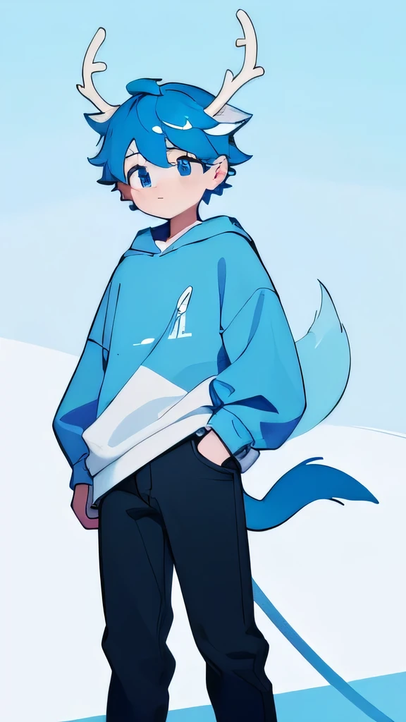 The White Deer，hairy，hairy，There are blue horns on the head，Deer antlers，White sweatshirt，Black jeans，Q version，Cute boys，17-year-old boy，Minimalist art style，Cartoon Style，blue eyes，hapiness，front，Big tail blue gradient tail tip white，outdoors，Standing on...