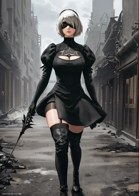 [n_2b], [nier automata], ((masterpiece)), ((HD)), ((high quality)), ((solo portrait)), ((semi-realistic)), ((detailed shading)), ((beautiful render art)), ((cinematic lighting)), ((intricate details)), {(beautiful woman), short white hair, small boobs, (be...