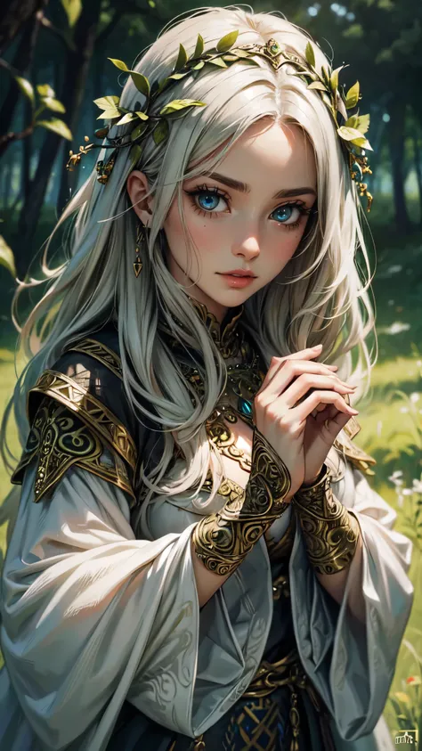 Beautiful woman in insanely intricate Celtic druid Outfit,DETAILED OUTFIT, detailed face, detailed eyes, detailed hands