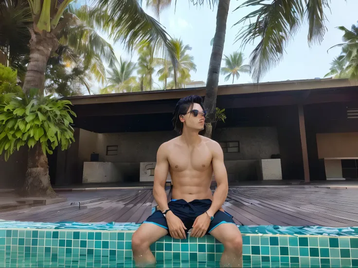 there is a man sitting on a pool edge in the water, sitting in the pool, sitting at the edge of pool, squatting down next to a pool, sit on the edge of swimming pool, next to a pool, paradise in the background, next to a tropical pool, inspired by Adam Dar...