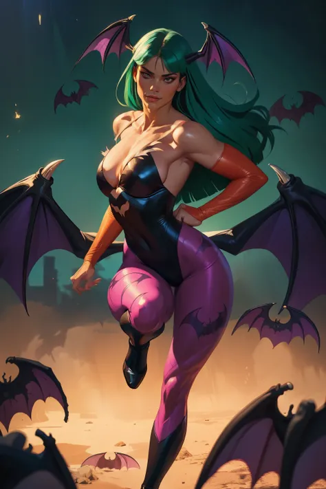 Realistic oil paint portrait of Morrigan Aensland, moonlight, hot Body, ((Dynamic pose)), soft smile, long green hair black costume , (((Bat wings))) , Hot body, athletic,  purple legs, detailed skin Textures, intricate, detailed face, hyperrealistic, real...