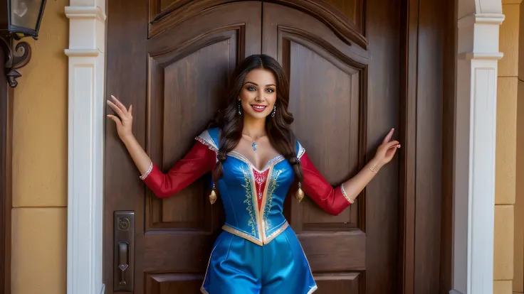 There is a beautiful Brazilian woman in front of a door with a red blouse and dark blue shorts, next to the character Anna from Frozen, disney artist, at disney, 8k photo of disney, Elsa from Frozen, at the adventurous Disney Orlando, exclusive, style Disn...