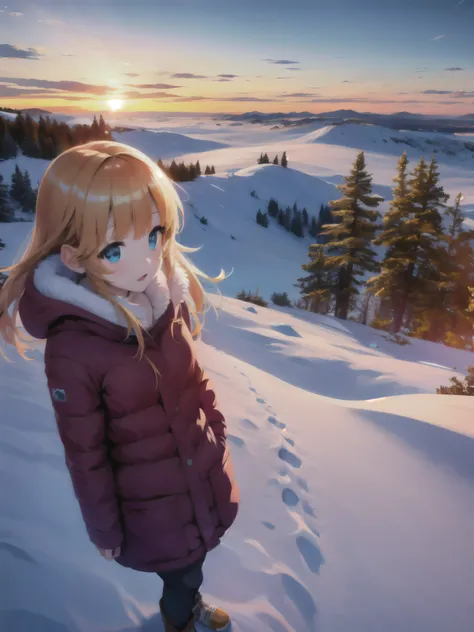 absurdres, highres, best quality, 1girl, snow,comfy, scenery, sunset, clouds, wind,