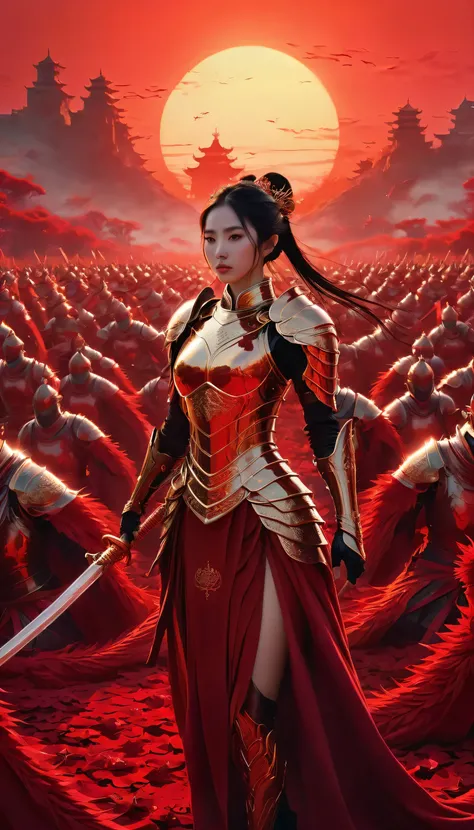 Masterpiece, 8k uh, details, fantasy art. In the middle of a vast battlefield filled with the corpses of many fallen brave soldiers., The setting sun casts a glowing crimson hue., Weaving a contrasting tapestry of hopelessness and hope.. Against this backd...