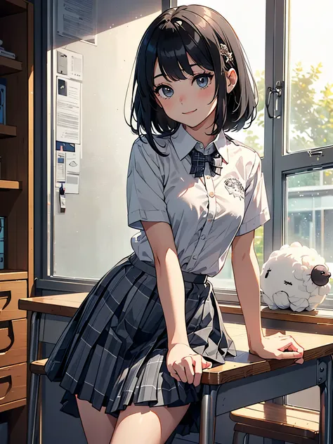 (1 girl, Solo, Japanese girl), 16 years old,Best Quality, masutepiece, 8K, High resolution, Ultra-detailed, black hair, center parted bangs,, hair clip, shiny skin, flat chest, smile, (((taremae))), (high school student:1.5, uniform, white poro shirt, shor...