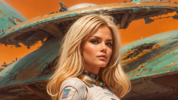 arafed image of a white woman in a futuristic suit with a spaceship in the background, movie art, in front of an orange background, inspired by Robert McGinnis, female protagonist, megastructure in the background, portrait of an ai astronaut, astronauts, a...