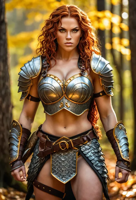 Extremely gorgeous, stunning beauty, Big muscular realistic full body savage warrior woman. sweet face. Wavy red hair, extremely detailed big yellow eyes, hawk eyes, golden eyes, round eyes, huge breasts, and muscular body. Woods background. brown chainmai...