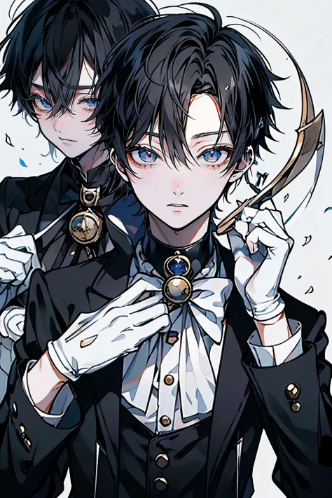 (Mastepiece), (Best Quality), Very detailed, ((17 year old boy:1.5)), Perfect Face, Beautiful Face, Very detailedな顔，Black Hair、Short Hair，Thief、White suit、White Top Hat、White gloves、Monocle、Trump、White Moon