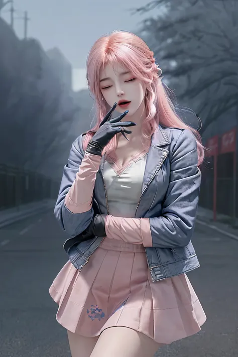 ultra-detailed,(best quality),((masterpiece)),(highres),original,extremely,sanyueqi, 1girl, smile, solo, pink hair, open mouth, camera, one eye closed, bangs, shirt, skirt, holding, white shirt, long sleeves, gloves, black gloves, long hair, looking at vie...