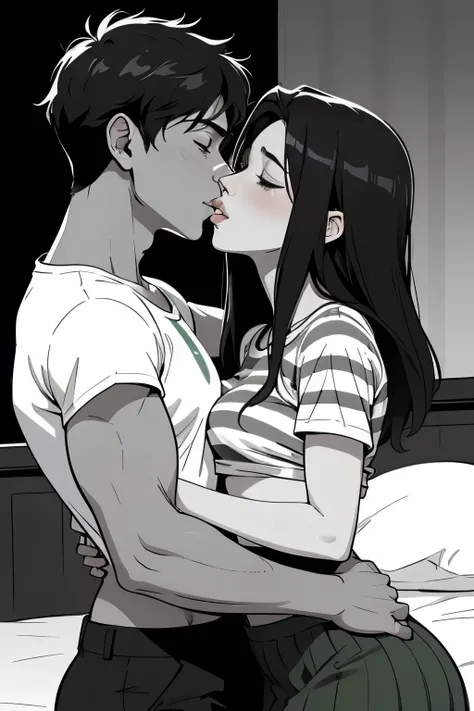 Amazing portrait of a sexy and  woman  wearing a black and white striped t shirt and a dark green skirt kissing and making out passionately with a shirtless boy on the bed in an intimate setting