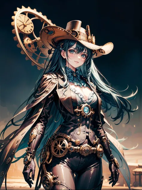 (cowboy shot, top quality,),8k, flat color: 0.8, dynamic angle, 1 girl, smile,slender body,(highly decorative and intricate mechanical steampunk fashion, lace flare dolphin hat, goggles 1.5, mechanical background, cogwheel background, finely mechanized ste...