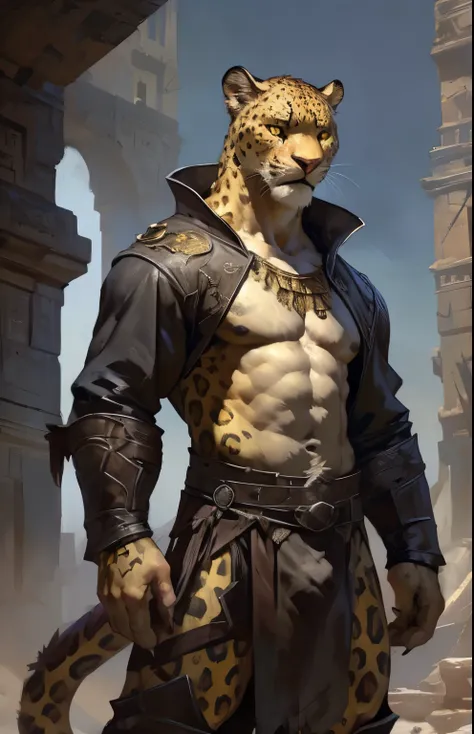 digital painting of anthro leopard, masterpiece, furry, anthro, felid, solo, male, skinny, adult, (leopard)1.1, detailed, yellow fur, spots, white chest fur, (detailed yellow eyes)1.1, detailed head, concentrated face expression, stern face, high quality, ...