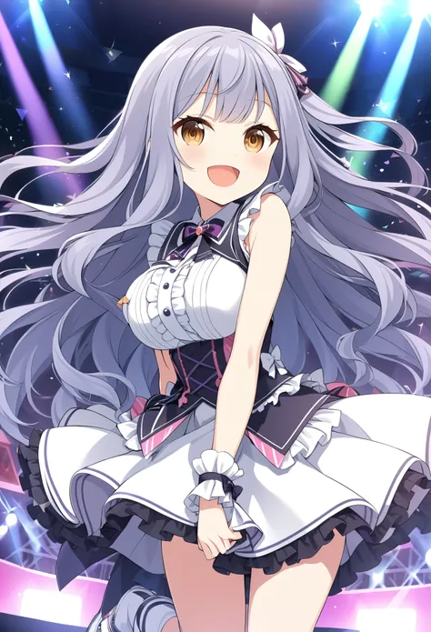 hiiragitsumugi, lavender grey hair, long voluminous hair, brownish yellow eyes,11years old , large breasts,, live stage, solo,