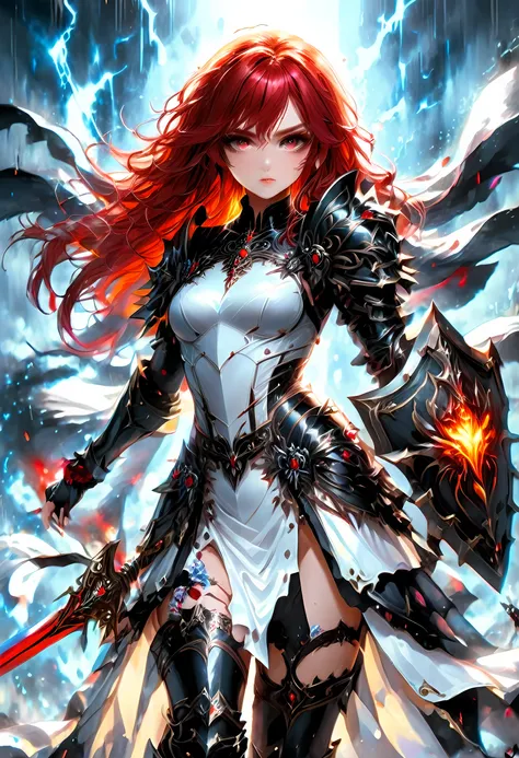 Arafed, action shot, Dark fantasy art, fantasy art, goth art, a picture of a female vampire, exquisite beauty, full body shot, dark glamour shot, pale white skin, red hair, long hair, wavy hair, dynamic eyes color eyes, glowing eyes, she wears a ((white: 1...