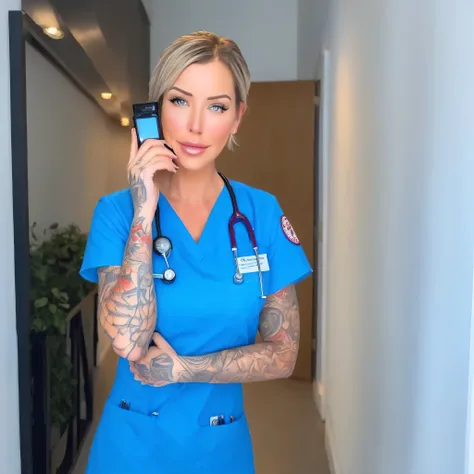Laurence bedard in a nurse uniform holding a cell phone, wearing a nurse uniform, nurse ambulance lights shine on her face, brave nurse face, surgeon, bodycam, nurse uniform, full body camera shot, in blue uniform, stethascope aroung neck, street footage, ...