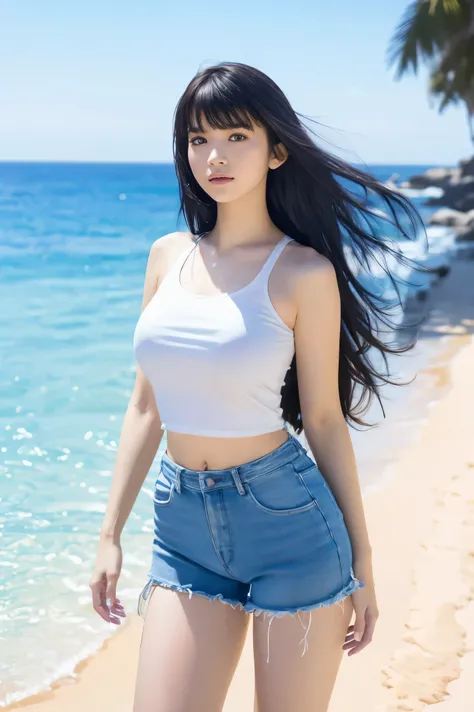 a detailed, highly detailed, masterpiece portrait of 1 girl with black wavy long hair and bangs, wearing a sleeveless shirt, shorts, and sneakers, standing by the sea, ultra-detailed, (best quality,4k,8k,highres,masterpiece:1.2),ultra-detailed,(realistic,p...