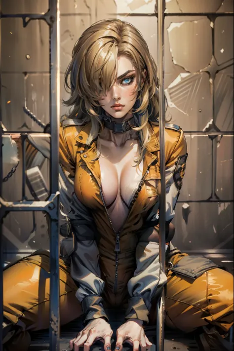 in_prison, (masterpiece, best quality:1.2), solo, 1girl, hair over one eye, blue eyes, cleavage, neutral expression, prison jump...