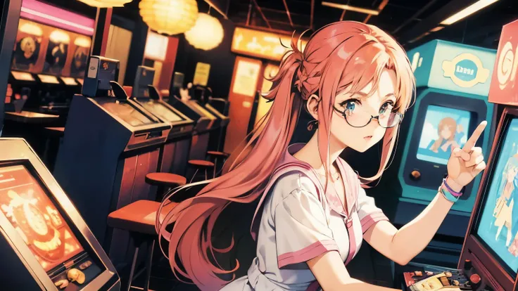 An anime-style illustration of a girl with pink hair in a ponytail and glasses, playing in a vintage game center. The girl is wearing retro clothing and the game center is filled with classic arcade machines from the Showa era. The scene is lit with warm, ...