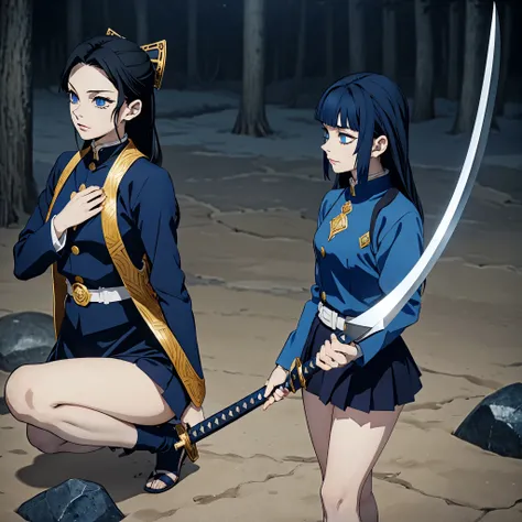 My character is from the world of demon Slayer, a woman with long dark blue hair, golden eyes, wearing a blue haori with designs similar to diamonds, her uniform is navy blue with a long-sleeved blouse and a tail-like skirt, wearing a diamond hair clip, S...