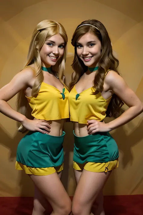 	•	two beautiful girls, one blonde, one brunette, dressed in Scooby Doo outfits, in a Scooby Doo background, smiling at each other
	•	blonde and brunette girls in Scooby Doo costumes, Scooby Doo themed background, exchanging smiles
	•	Scooby Doo cosplay, b...