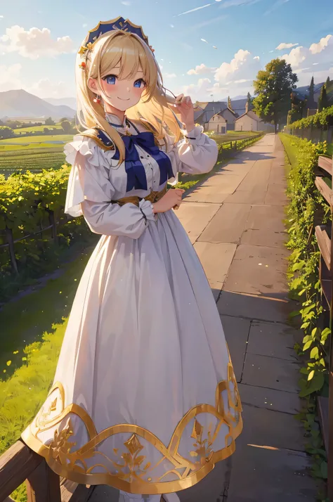 ((masterpiece)), ((highest quality)), ((High resolution)), ((In detail))、European national costume、Anime style white woman、Blonde Hair、smile、Happy expression、Daytime、Rural Scenery、In the vineyard、cute、beautiful、Embarrassing cheeks、