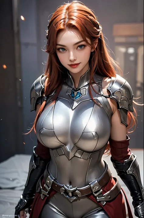 20 year old woman,soft lighting, posing,perfect face,smiling,perfect figure, red hair,random hairstyle,fancy silver armor,narrow shoulders,huge breasts, wide hips