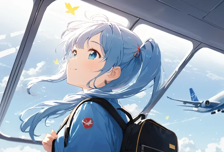 Girl with backpack at airport，Light blue long hair、Twin tails 、My backpack is full of happy spring，Looking up at a large passenger plane、Simple lines，Minimalism，Abstraction，Lots of white space、