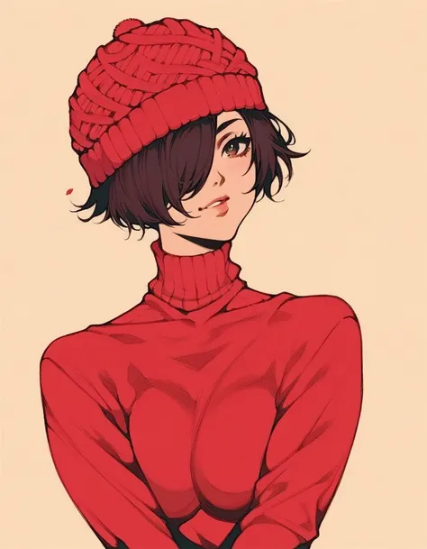 score_9, score_8_up, score_7_up,1girl, solo, red sweater, black bobcut hair, hair covering one eye, red knitted hat,