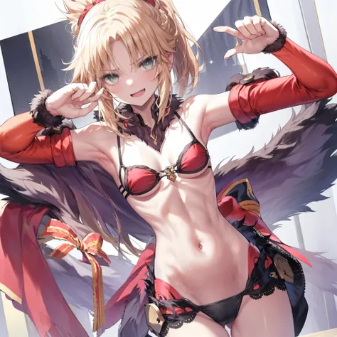 Masterpiece, Best Quality, illustration, city, 1girl, Mordred (fate), collarbone, Detailed blond hair ponytail braid, green eyes,,navel,thigh-high, covered_pussy,flat_chest,long_sworddangerousbeast,elbow_gloves,
,wolf_tail,wolf_ears,fang,happy,nihil,smile,...