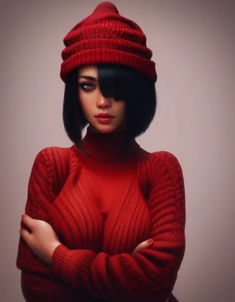 score_9, score_8_up, score_7_up,ftgd, hyperrealistic 3d, 1girl, solo, red sweater, black bob hair, hair covering one eye, red kn...