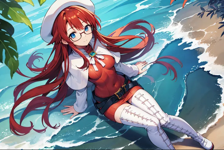 summonnightaty, aty, (young:1.3),long hair, blue eyes, red hair, big_berets, hat, glasses,
BREAK long hair, thighhighs, hat, dress, naked_legs, glasses, belt, cape, sweater, zettai ryouiki, beret, thigh boots, white footwear, ribbed sweater, loose belt,sol...