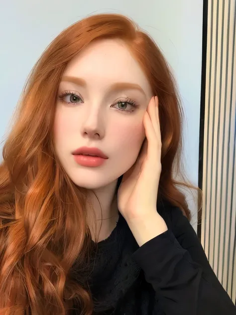 a close up of a woman with long red hair and a black sweater, with pale skin, amouranth, soft flawless pale skin, natural soft pale skin, ellie bamber, pale glowing skin, better known as amouranth, ellie bamber fairy, smooth pale skin, ivory pale skin, pal...