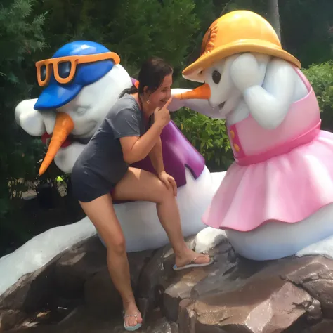 woman sitting on a rock next to a giant snowman, vacation photo, doing a sassy pose, kathy zyduck, alex yanes and lisa frank, having a great time, posing like a statue, donald duck in real life, in disney, fun pose, upon a peak in darien, posing!!, pose 1 ...