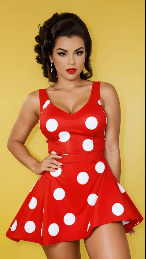 Full length photo of a girl, realistically depicting a dark tan beautiful tan, sexy Brazilian woman Bianca A. Santos Brazil and emotional. She has highlighted red curly hair, creating a mysterious and sexy image. Model dressed in pin-up style with curly ha...