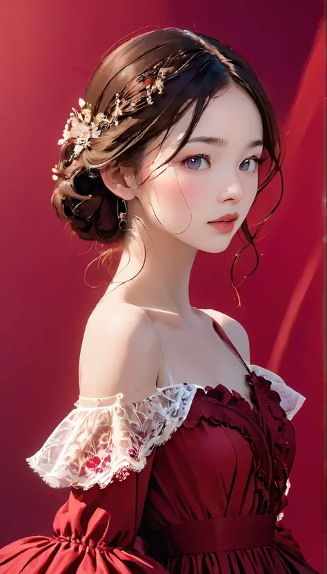 Young woman standing in front of a crimson background、She is wearing a gorgeous red dress。The dress is decorated with lace and frills.、Exposed shoulder design.。The Woman&#39;Long hair is soft and wavy、Her head is adorned with a red flower hair accessory......