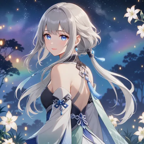 1girl, guizhong_(genshin_impact),grey hair,short_hair_with_long_locks in front and low ponytail in back,starry_sky_print,detached_sleeves, hands hidden by long sleeves,stunning field of softly glowing blue and white glaze lilies,night scene,gentle smile,fa...