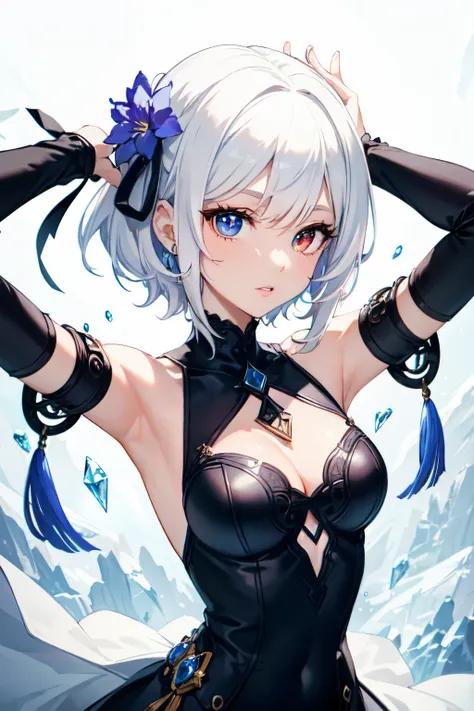 ((mejor calidad)), ((obra maestra)), (detallado), cara perfecta. Girl. White hair. Eye blue and other eye red. Heterocromia. Fantasy. Flowers. Ice. Dress. Arms. Short hair. 