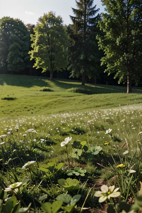 photorealistic of a meadow with 3 leaf clover,  except 1 clover which has 5 leaves